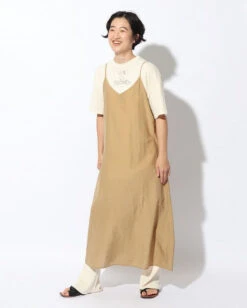 Yamai Natural Crinkled Hand-Woven Cotton Silk – V-Neck Spaghetti Strap Maxi Dress -Snow Peak Shop SH 22SW303 alt 03