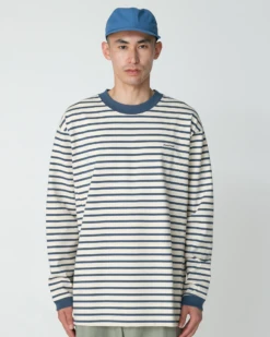 Heavy Cotton Border Long Sleeve T-Shirt - Organic Cotton Striped Crew Neck with Side Pockets -Snow Peak Shop SW 25SU204 0506 1839 jpg