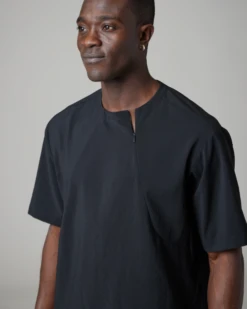 Black Recycled Polyester Poplin Pullover – Quick-Dry Angled Zip Short Sleeve Top -Snow Peak Shop SnowPeak SS23 0847